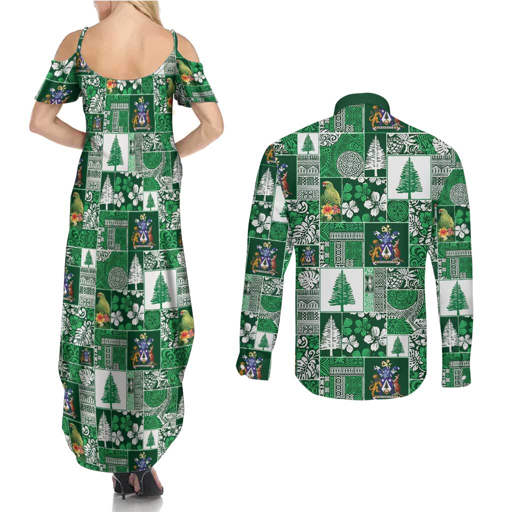 Norfolk Island Meri Krismas Couples Matching Summer Maxi Dress and Long Sleeve Button Shirt Pacific Patchwork Xmas Vibes - Polynesian Pride