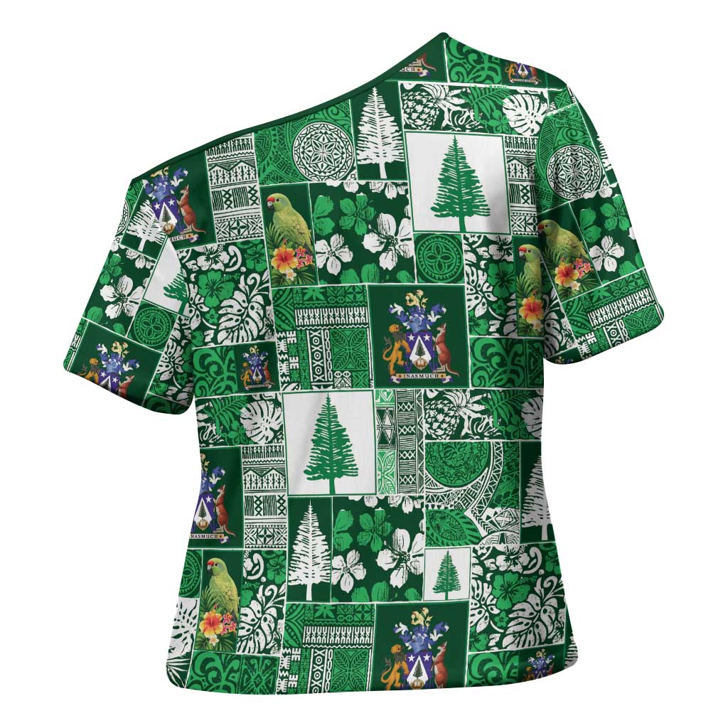 Norfolk Island Meri Krismas Cross Shoulder Shirt Pacific Patchwork Xmas Vibes - Polynesian Pride