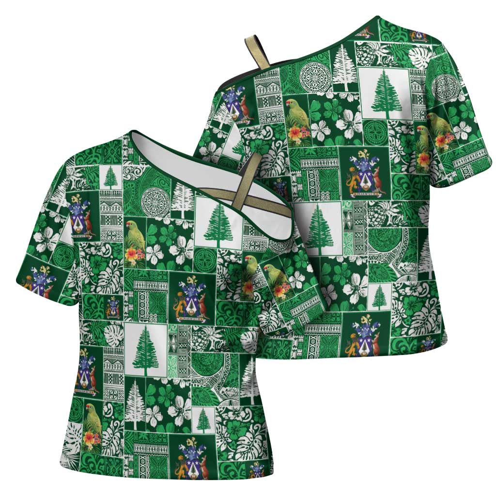 Norfolk Island Meri Krismas Cross Shoulder Shirt Pacific Patchwork Xmas Vibes - Polynesian Pride