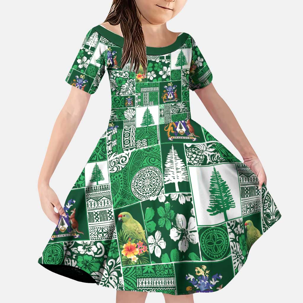 Norfolk Island Meri Krismas Family Matching Off Shoulder Short Dress and Hawaiian Shirt Pacific Patchwork Xmas Vibes - Polynesian Pride