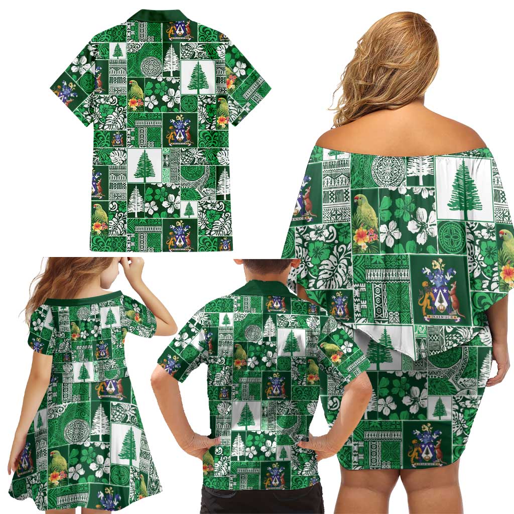 Norfolk Island Meri Krismas Family Matching Off Shoulder Short Dress and Hawaiian Shirt Pacific Patchwork Xmas Vibes - Polynesian Pride