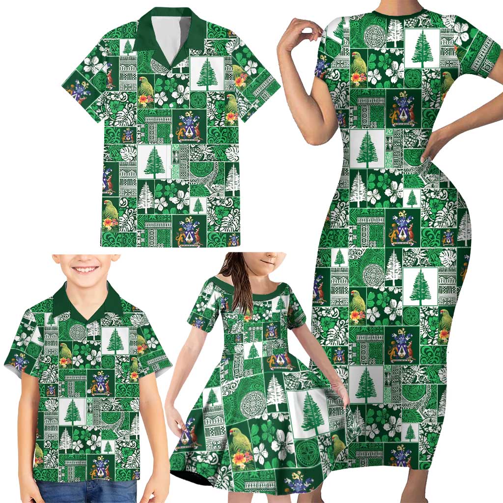 Norfolk Island Meri Krismas Family Matching Short Sleeve Bodycon Dress and Hawaiian Shirt Pacific Patchwork Xmas Vibes - Polynesian Pride