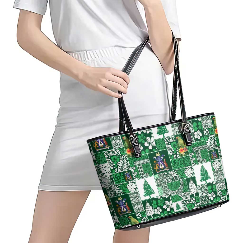 Norfolk Island Meri Krismas Leather Tote Bag Pacific Patchwork Xmas Vibes - Polynesian Pride