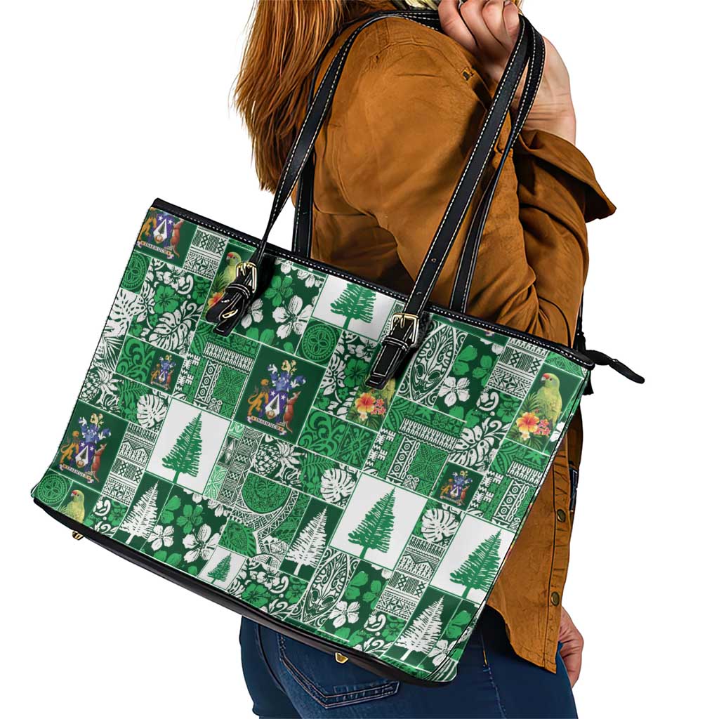 Norfolk Island Meri Krismas Leather Tote Bag Pacific Patchwork Xmas Vibes - Polynesian Pride
