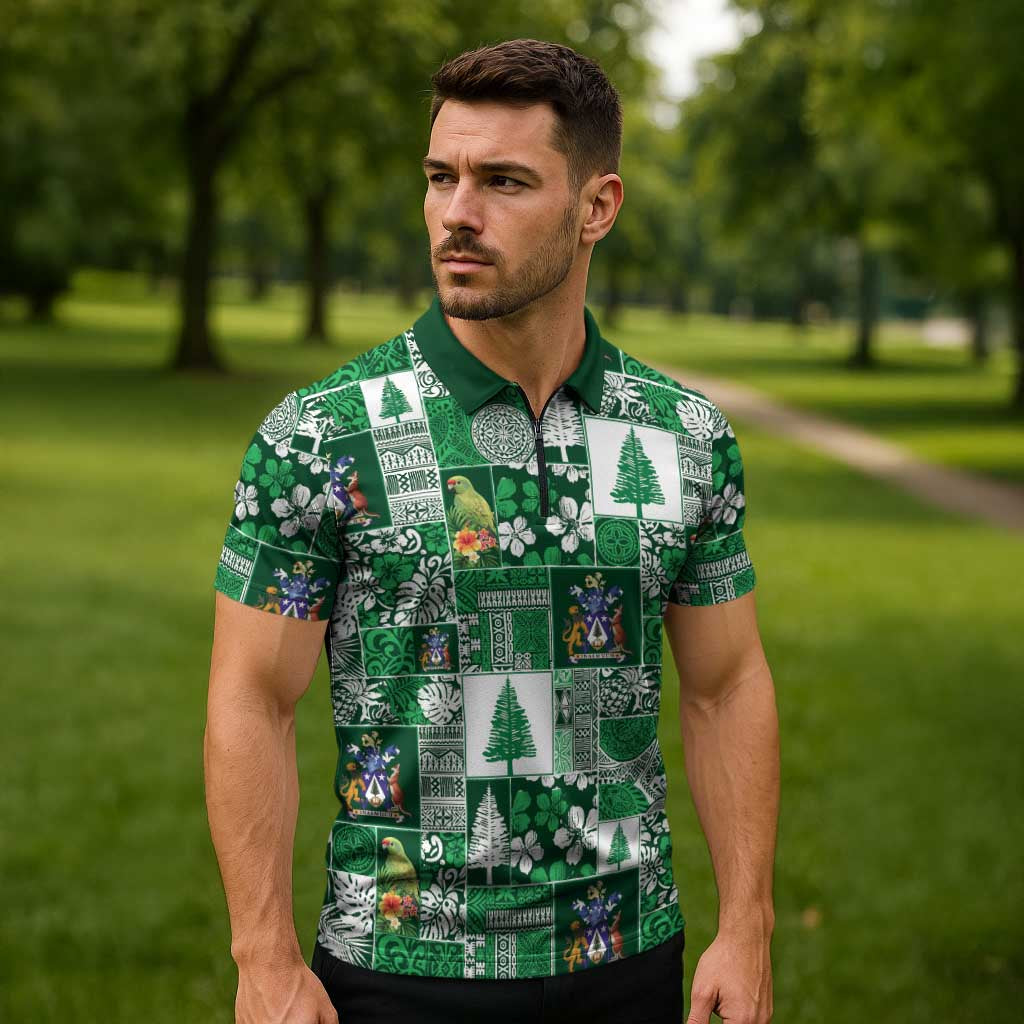 Norfolk Island Meri Krismas Zipper Polo Shirt Pacific Patchwork Xmas Vibes - Polynesian Pride