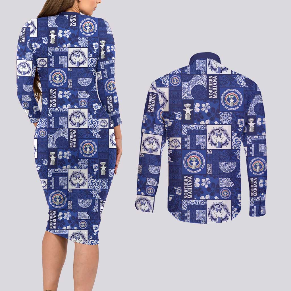 Northern Mariana Islands Magof Nochebuena Couples Matching Long Sleeve Bodycon Dress and Long Sleeve Button Shirt Pacific Patchwork Xmas Vibes LT9 - Polynesian Pride