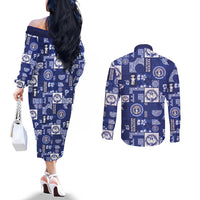 Northern Mariana Islands Magof Nochebuena Couples Matching Off The Shoulder Long Sleeve Dress and Long Sleeve Button Shirt Pacific Patchwork Xmas Vibes LT9 - Polynesian Pride