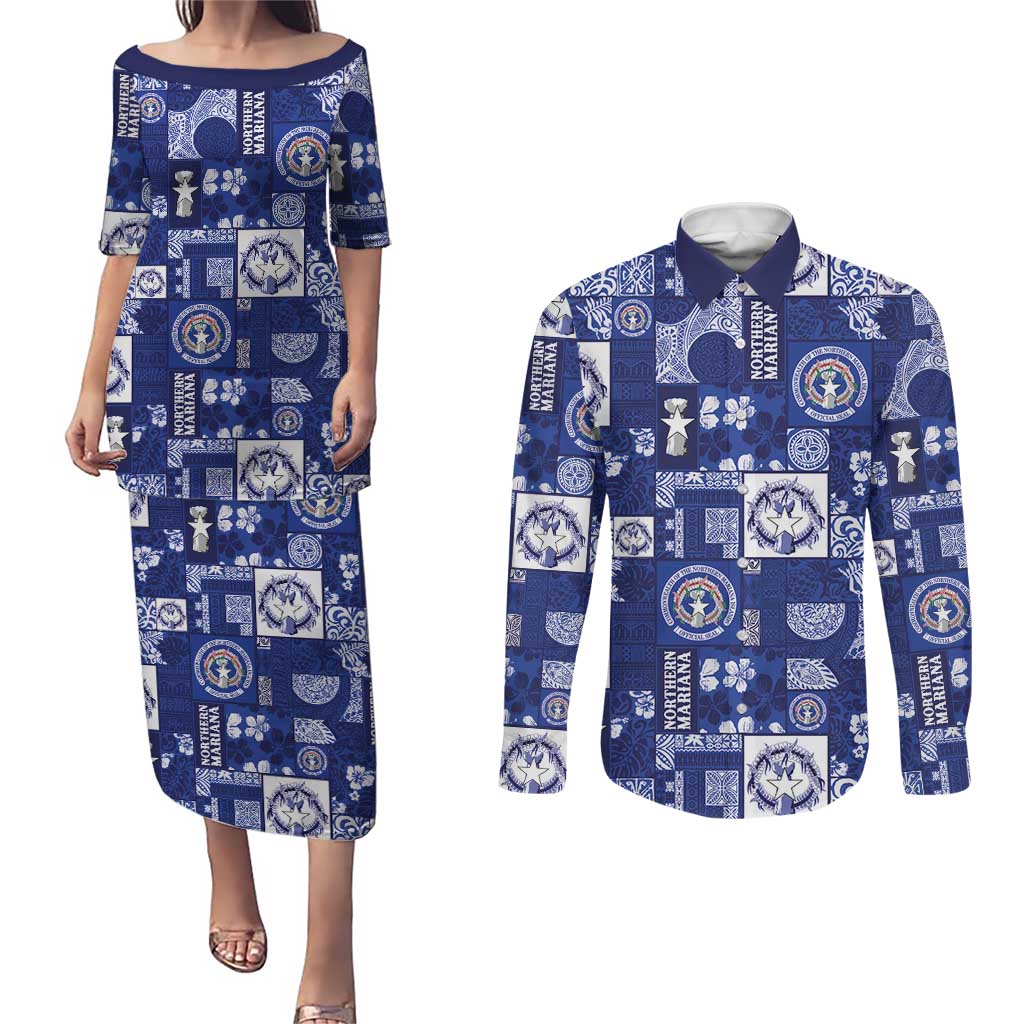 Northern Mariana Islands Magof Nochebuena Couples Matching Puletasi and Long Sleeve Button Shirt Pacific Patchwork Xmas Vibes - Polynesian Pride