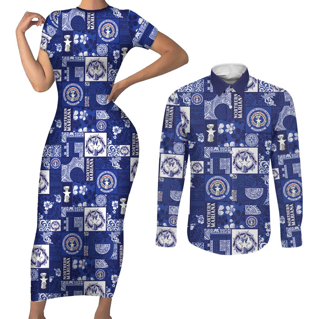 Northern Mariana Islands Magof Nochebuena Couples Matching Short Sleeve Bodycon Dress and Long Sleeve Button Shirt Pacific Patchwork Xmas Vibes LT9 Blue - Polynesian Pride