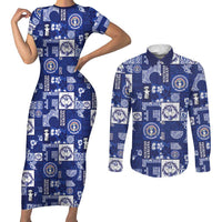 Northern Mariana Islands Magof Nochebuena Couples Matching Short Sleeve Bodycon Dress and Long Sleeve Button Shirt Pacific Patchwork Xmas Vibes LT9 Blue - Polynesian Pride