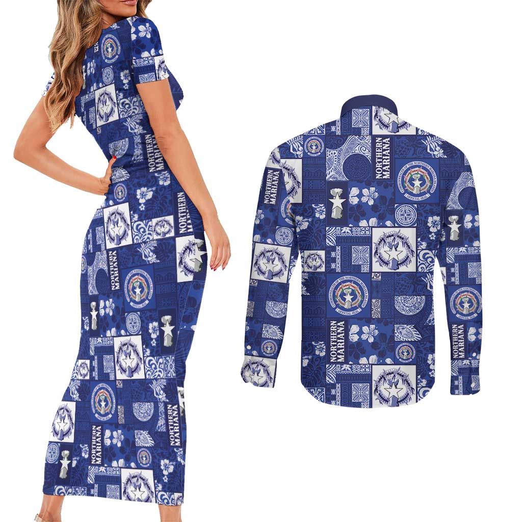 Northern Mariana Islands Magof Nochebuena Couples Matching Short Sleeve Bodycon Dress and Long Sleeve Button Shirt Pacific Patchwork Xmas Vibes LT9 - Polynesian Pride