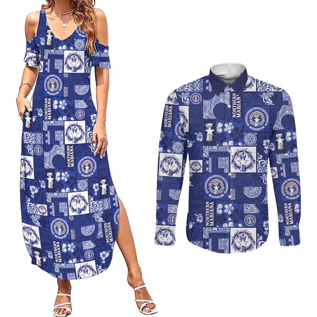 Northern Mariana Islands Magof Nochebuena Couples Matching Summer Maxi Dress and Long Sleeve Button Shirt Pacific Patchwork Xmas Vibes - Polynesian Pride
