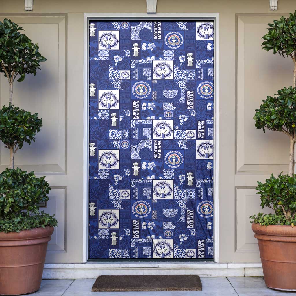 Northern Mariana Islands Magof Nochebuena Door Cover Pacific Patchwork Xmas Vibes LT9 Blue - Polynesian Pride