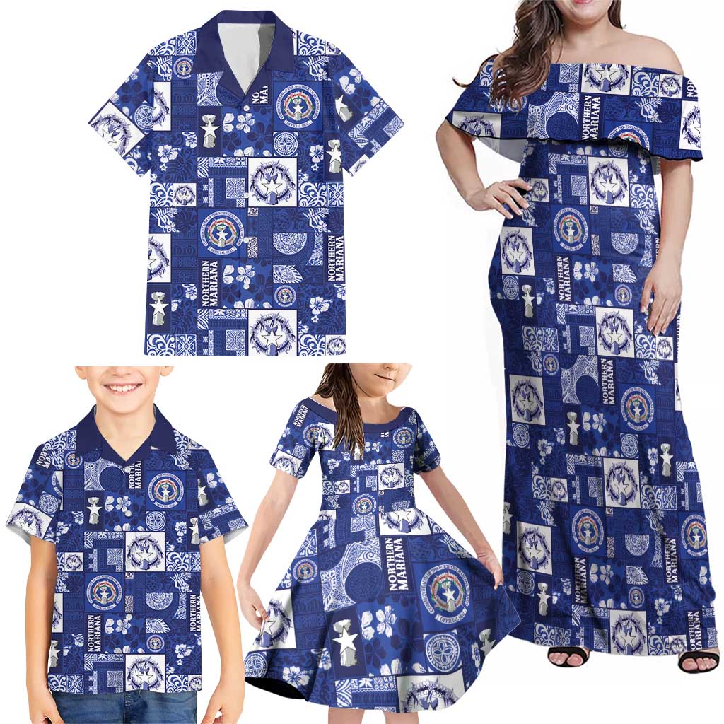 Northern Mariana Islands Magof Nochebuena Family Matching Off Shoulder Maxi Dress and Hawaiian Shirt Pacific Patchwork Xmas Vibes - Polynesian Pride