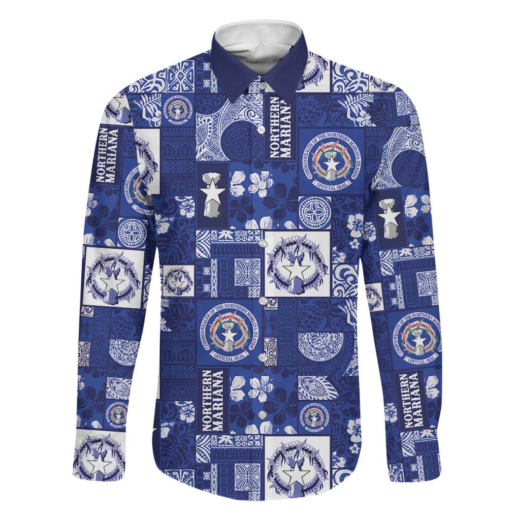 Northern Mariana Islands Magof Nochebuena Family Matching Off Shoulder Maxi Dress and Hawaiian Shirt Pacific Patchwork Xmas Vibes LT9 Dad's Shirt - Long Sleeve Blue - Polynesian Pride