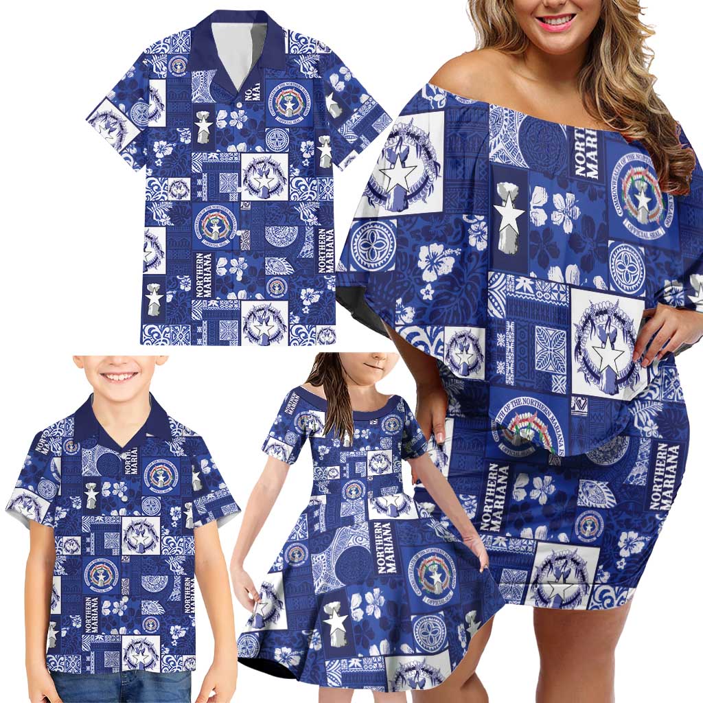 Northern Mariana Islands Magof Nochebuena Family Matching Off Shoulder Short Dress and Hawaiian Shirt Pacific Patchwork Xmas Vibes - Polynesian Pride