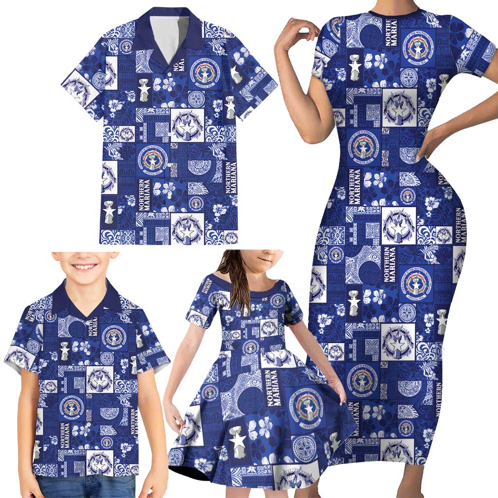 Northern Mariana Islands Magof Nochebuena Family Matching Short Sleeve Bodycon Dress and Hawaiian Shirt Pacific Patchwork Xmas Vibes - Polynesian Pride
