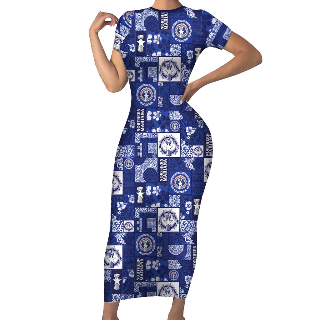 Northern Mariana Islands Magof Nochebuena Family Matching Short Sleeve Bodycon Dress and Hawaiian Shirt Pacific Patchwork Xmas Vibes LT9 Mom's Dress Blue - Polynesian Pride