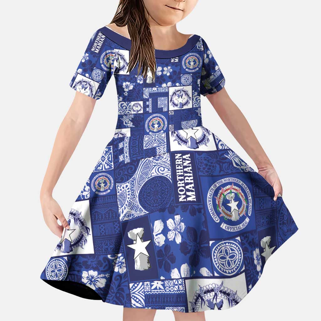 Northern Mariana Islands Magof Nochebuena Family Matching Tank Maxi Dress and Hawaiian Shirt Pacific Patchwork Xmas Vibes LT9 Daughter's Dress Blue - Polynesian Pride