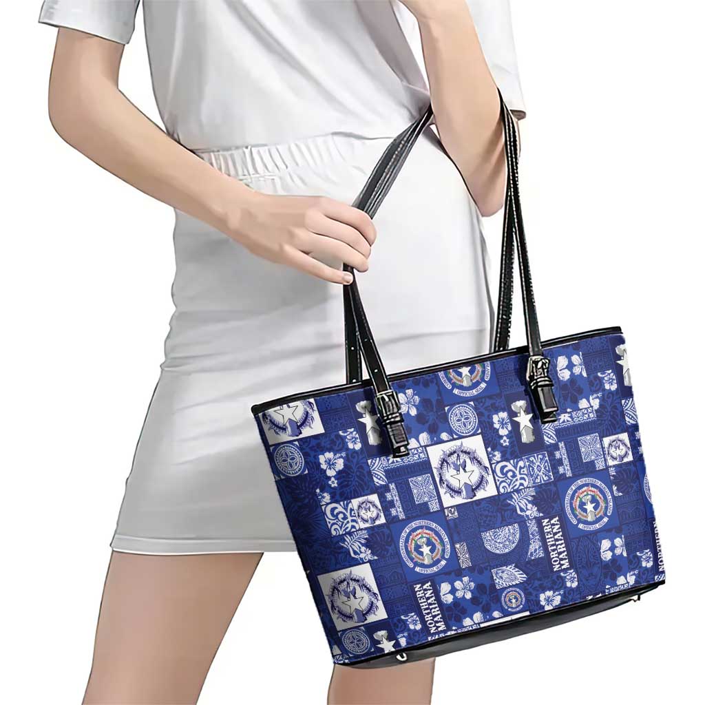 Northern Mariana Islands Magof Nochebuena Leather Tote Bag Pacific Patchwork Xmas Vibes - Polynesian Pride