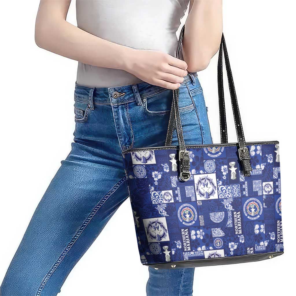 Northern Mariana Islands Magof Nochebuena Leather Tote Bag Pacific Patchwork Xmas Vibes - Polynesian Pride