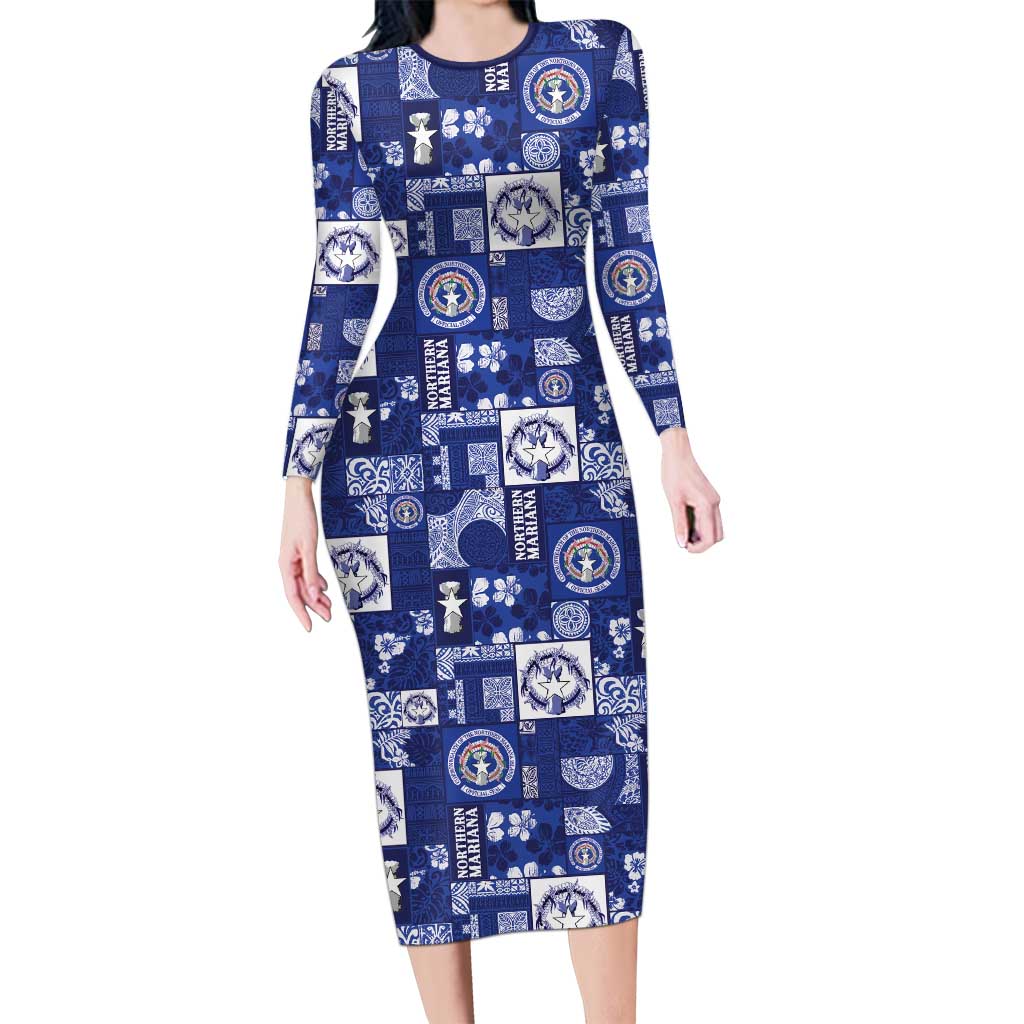 Northern Mariana Islands Magof Nochebuena Long Sleeve Bodycon Dress Pacific Patchwork Xmas Vibes LT9 Long Dress Blue - Polynesian Pride