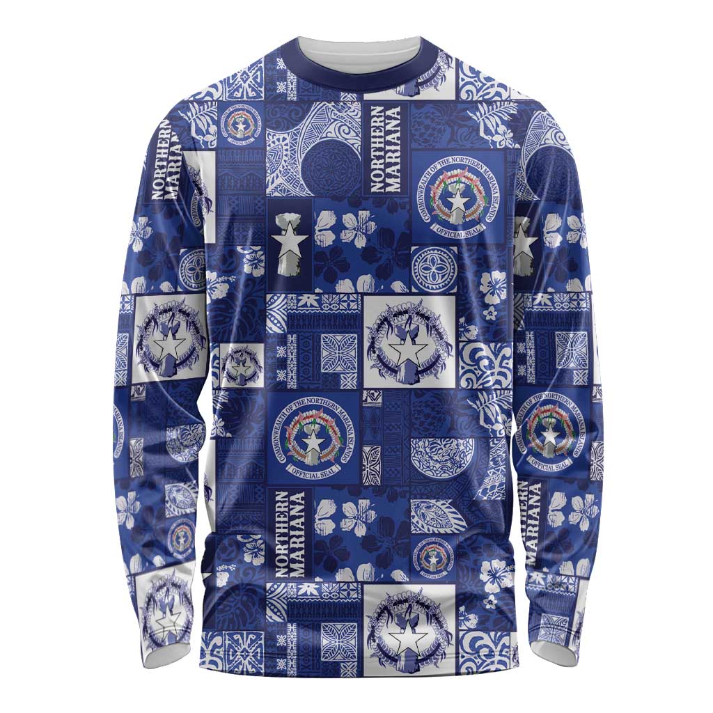 Northern Mariana Islands Magof Nochebuena Long Sleeve Shirt Pacific Patchwork Xmas Vibes LT9 Unisex Blue - Polynesian Pride