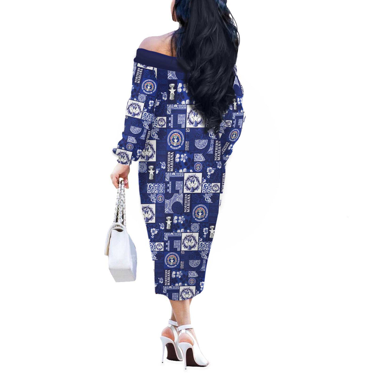 Northern Mariana Islands Magof Nochebuena Off The Shoulder Long Sleeve Dress Pacific Patchwork Xmas Vibes - Polynesian Pride