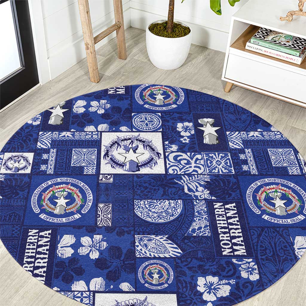Northern Mariana Islands Magof Nochebuena Round Carpet Pacific Patchwork Xmas Vibes LT9 Blue - Polynesian Pride