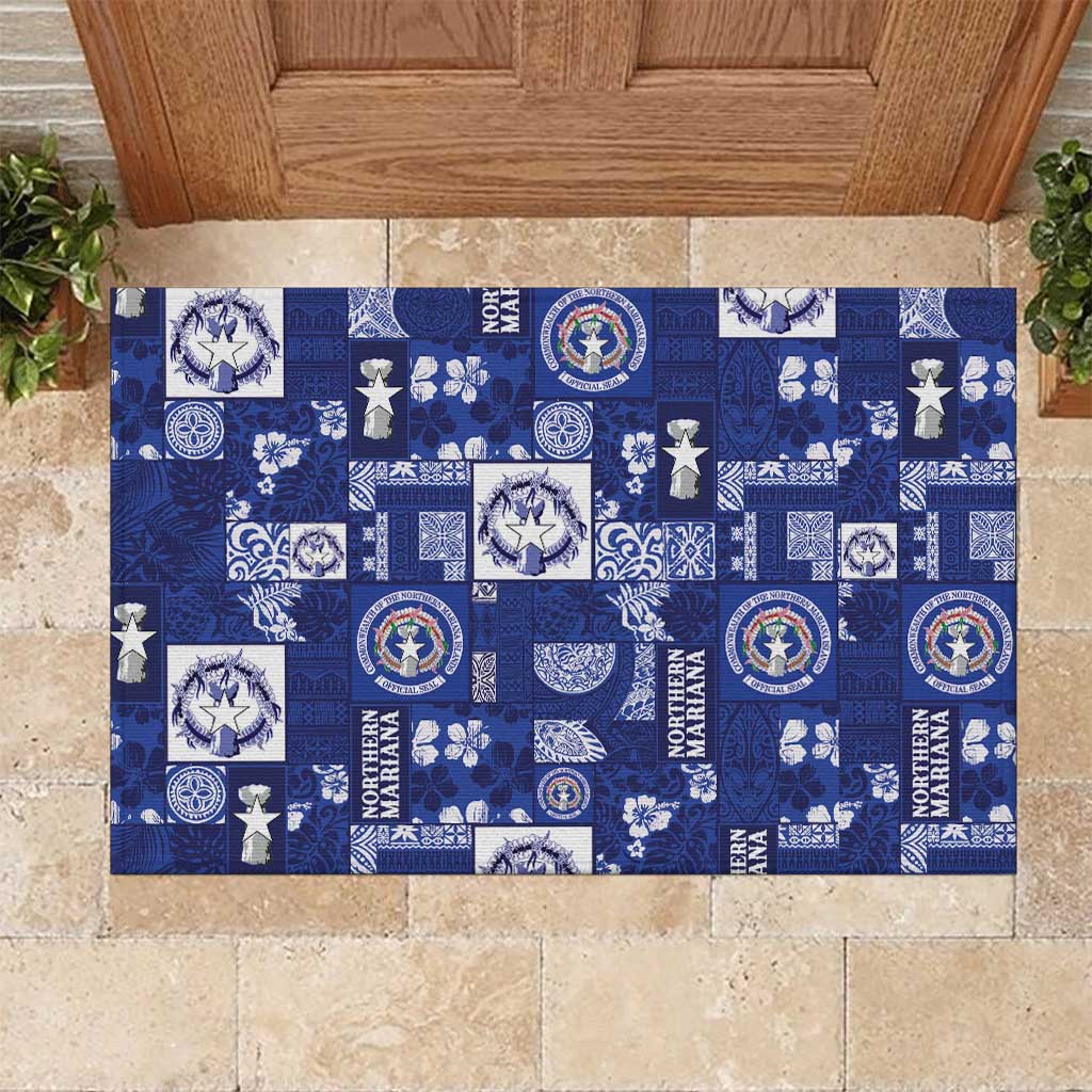 Northern Mariana Islands Magof Nochebuena Rubber Doormat Pacific Patchwork Xmas Vibes LT9 Blue - Polynesian Pride