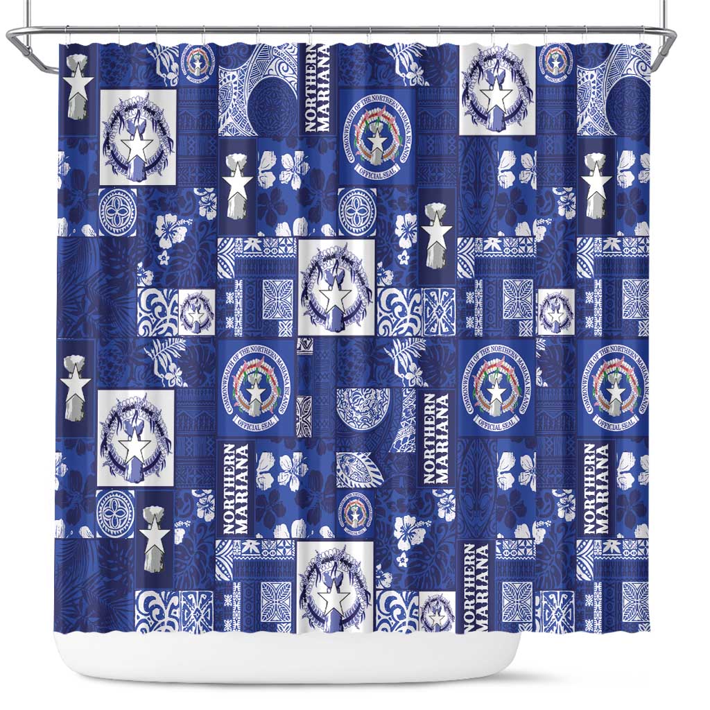 Northern Mariana Islands Magof Nochebuena Shower Curtain Pacific Patchwork Xmas Vibes LT9 Blue - Polynesian Pride