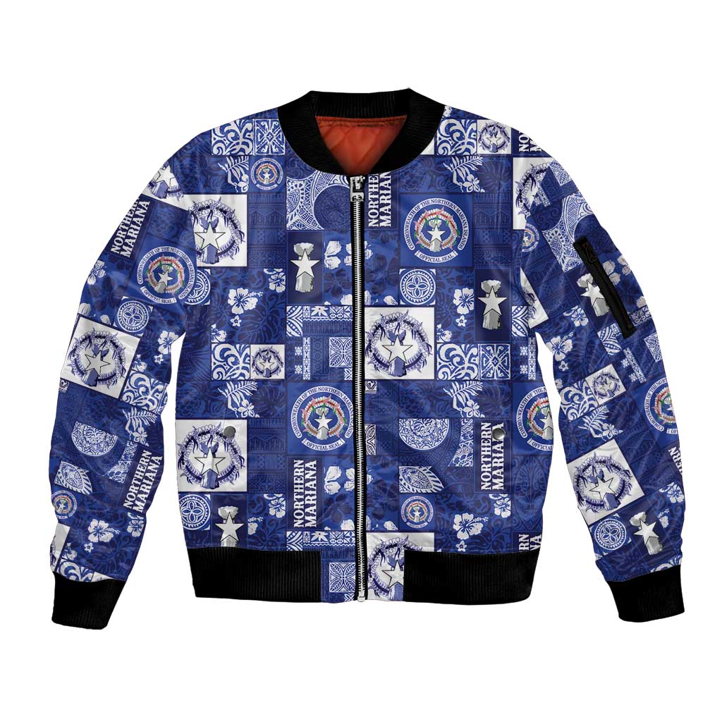 Northern Mariana Islands Magof Nochebuena Sleeve Zip Bomber Jacket Pacific Patchwork Xmas Vibes LT9 Unisex Blue - Polynesian Pride
