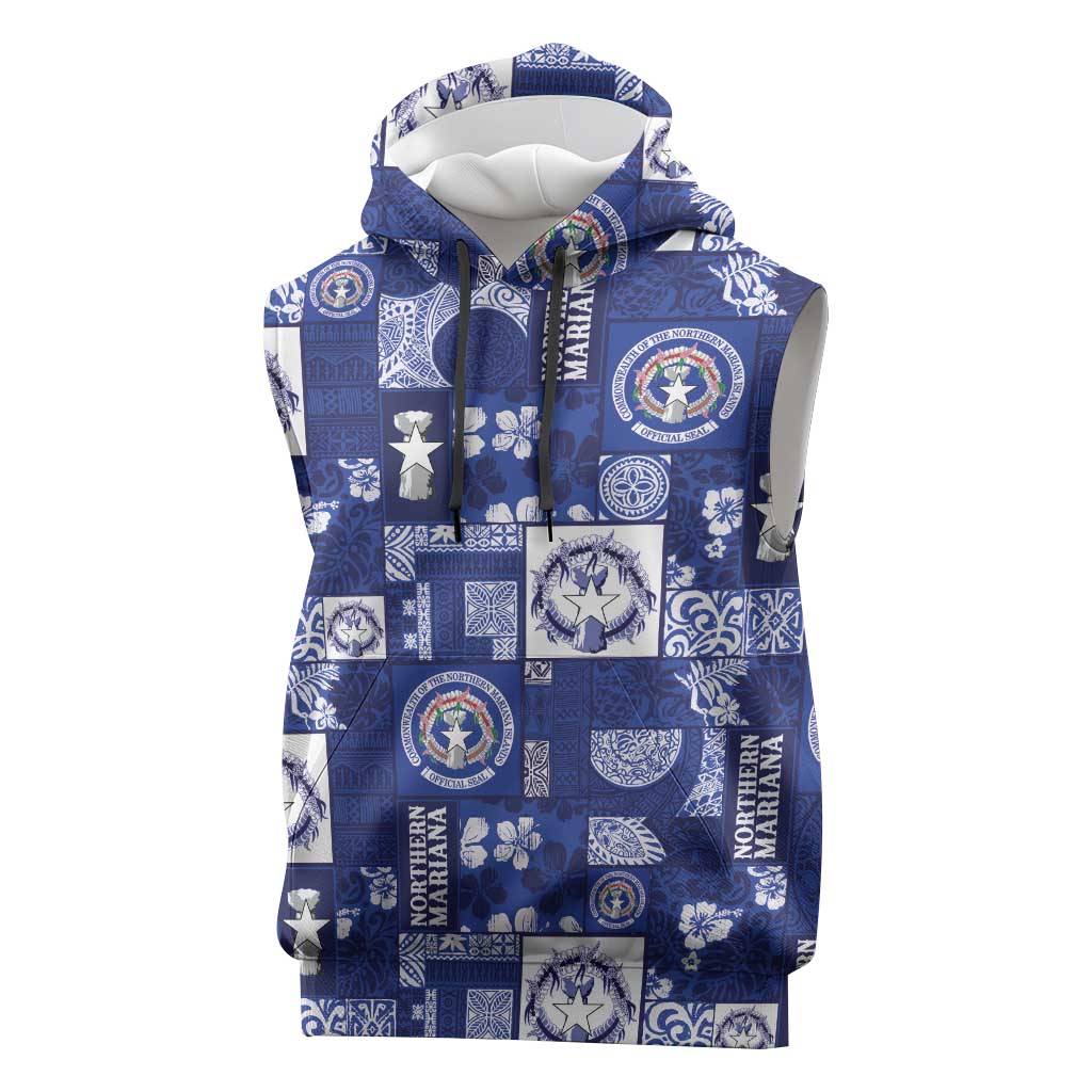 Northern Mariana Islands Magof Nochebuena Sleeveless Hoodie Pacific Patchwork Xmas Vibes LT9 Blue - Polynesian Pride