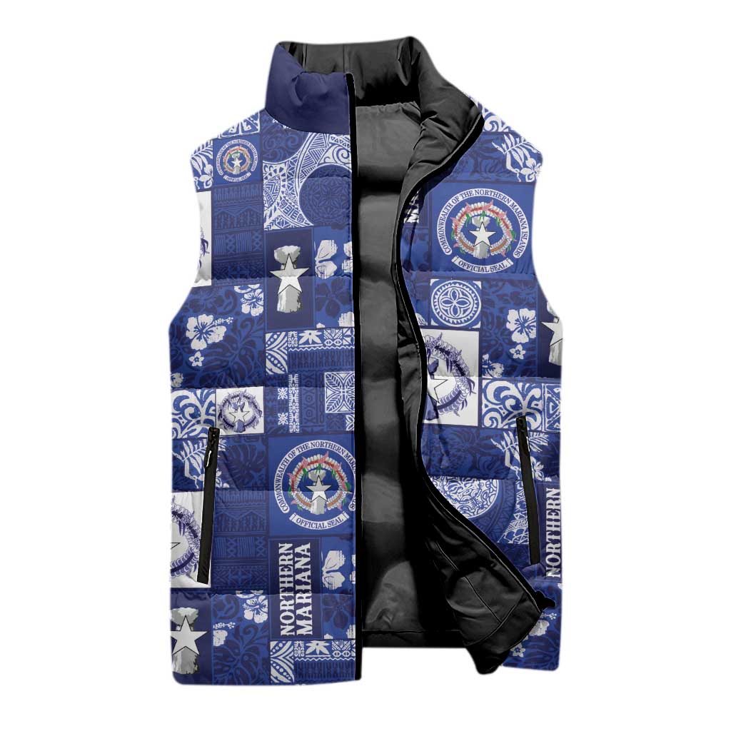 Northern Mariana Islands Magof Nochebuena Sleeveless Puffer Jacket Pacific Patchwork Xmas Vibes - Polynesian Pride