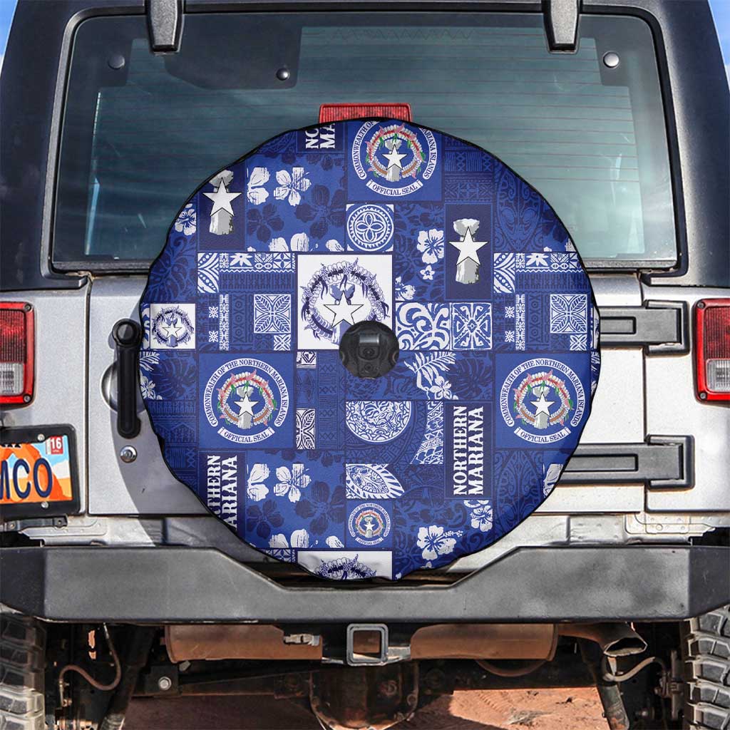 Northern Mariana Islands Magof Nochebuena Spare Tire Cover Pacific Patchwork Xmas Vibes LT9 Blue - Polynesian Pride