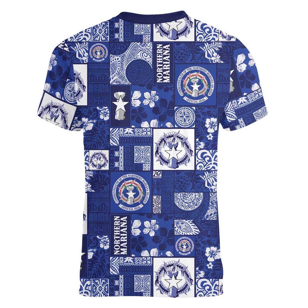 Northern Mariana Islands Magof Nochebuena Women V-Neck T-Shirt Pacific Patchwork Xmas Vibes - Polynesian Pride