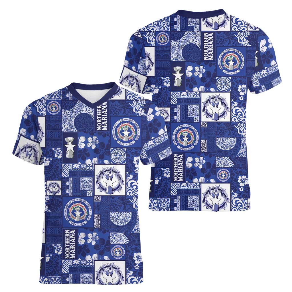 Northern Mariana Islands Magof Nochebuena Women V-Neck T-Shirt Pacific Patchwork Xmas Vibes - Polynesian Pride