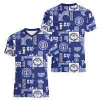Northern Mariana Islands Magof Nochebuena Women V-Neck T-Shirt Pacific Patchwork Xmas Vibes - Polynesian Pride