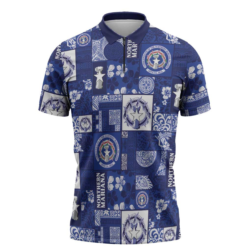 Northern Mariana Islands Magof Nochebuena Zipper Polo Shirt Pacific Patchwork Xmas Vibes - Polynesian Pride
