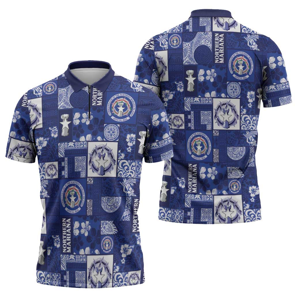 Northern Mariana Islands Magof Nochebuena Zipper Polo Shirt Pacific Patchwork Xmas Vibes - Polynesian Pride
