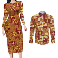 Rotuma Faiakse'ea 'e Kirisimasi Couples Matching Long Sleeve Bodycon Dress and Long Sleeve Button Shirt Pacific Patchwork Xmas Vibes - Polynesian Pride