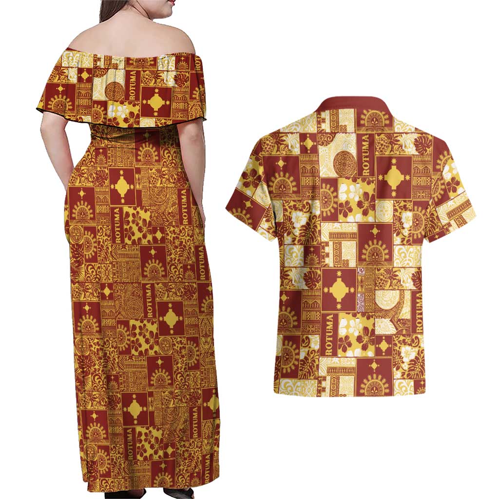 Rotuma Faiakse'ea 'e Kirisimasi Couples Matching Off Shoulder Maxi Dress and Hawaiian Shirt Pacific Patchwork Xmas Vibes LT9 - Polynesian Pride