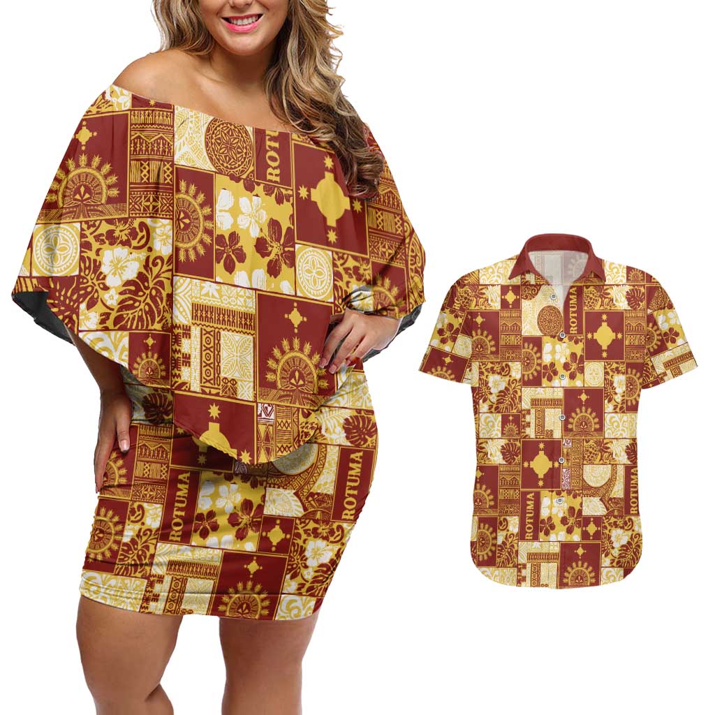Rotuma Faiakse'ea 'e Kirisimasi Couples Matching Off Shoulder Short Dress and Hawaiian Shirt Pacific Patchwork Xmas Vibes - Polynesian Pride