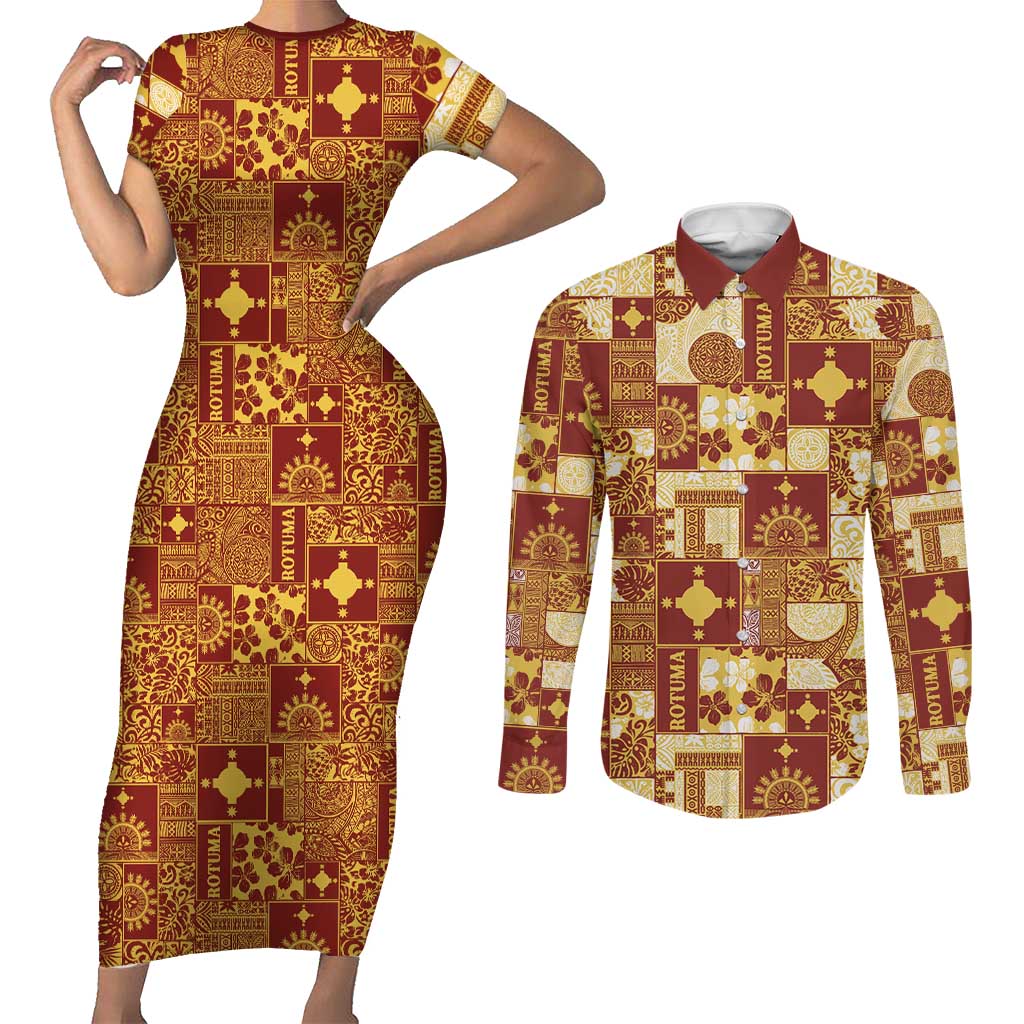 Rotuma Faiakse'ea 'e Kirisimasi Couples Matching Short Sleeve Bodycon Dress and Long Sleeve Button Shirt Pacific Patchwork Xmas Vibes - Polynesian Pride
