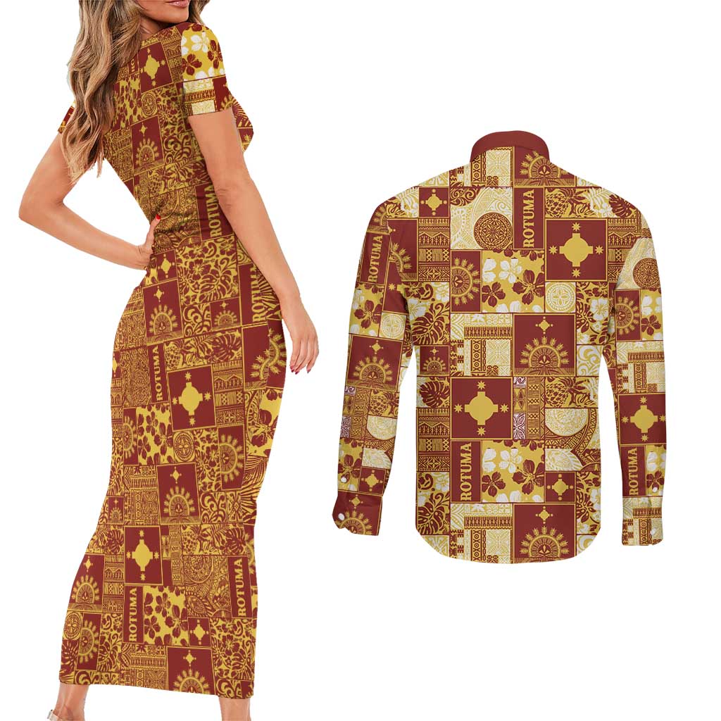 Rotuma Faiakse'ea 'e Kirisimasi Couples Matching Short Sleeve Bodycon Dress and Long Sleeve Button Shirt Pacific Patchwork Xmas Vibes - Polynesian Pride