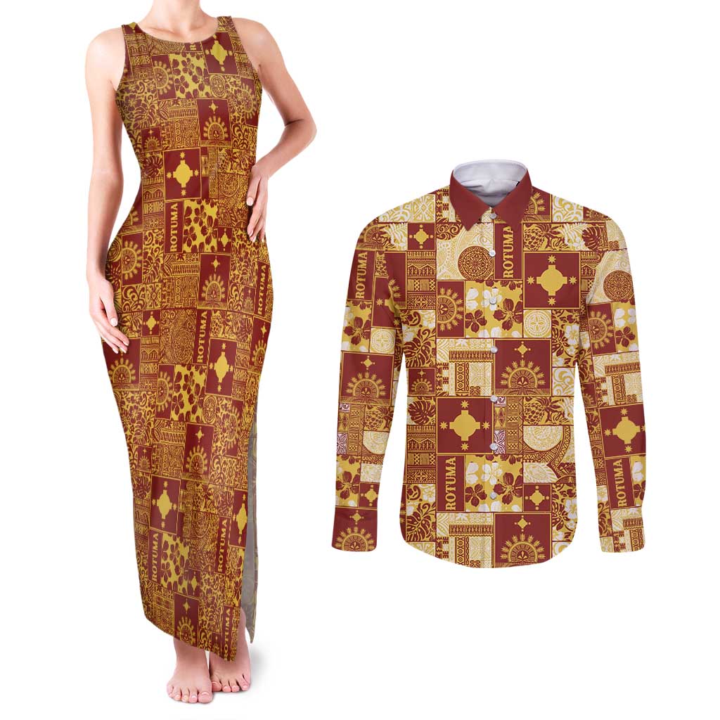 Rotuma Faiakse'ea 'e Kirisimasi Couples Matching Tank Maxi Dress and Long Sleeve Button Shirt Pacific Patchwork Xmas Vibes - Polynesian Pride