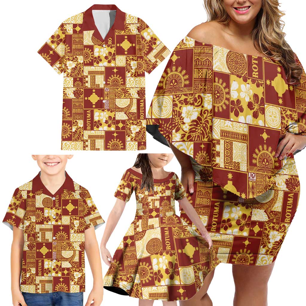 Rotuma Faiakse'ea 'e Kirisimasi Family Matching Off Shoulder Short Dress and Hawaiian Shirt Pacific Patchwork Xmas Vibes - Polynesian Pride