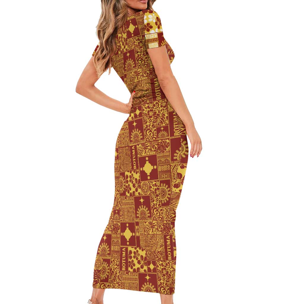 Rotuma Faiakse'ea 'e Kirisimasi Short Sleeve Bodycon Dress Pacific Patchwork Xmas Vibes - Polynesian Pride