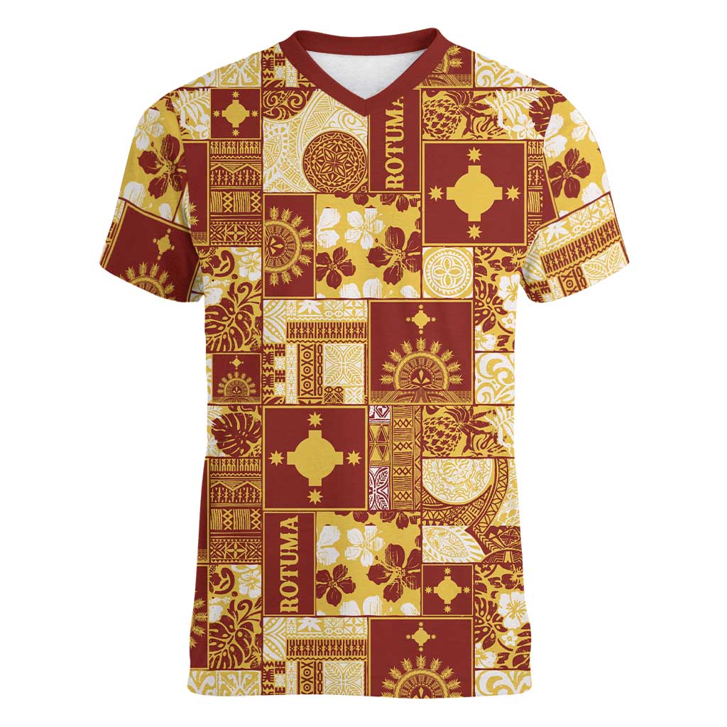 Rotuma Faiakse'ea 'e Kirisimasi Women V-Neck T-Shirt Pacific Patchwork Xmas Vibes - Polynesian Pride