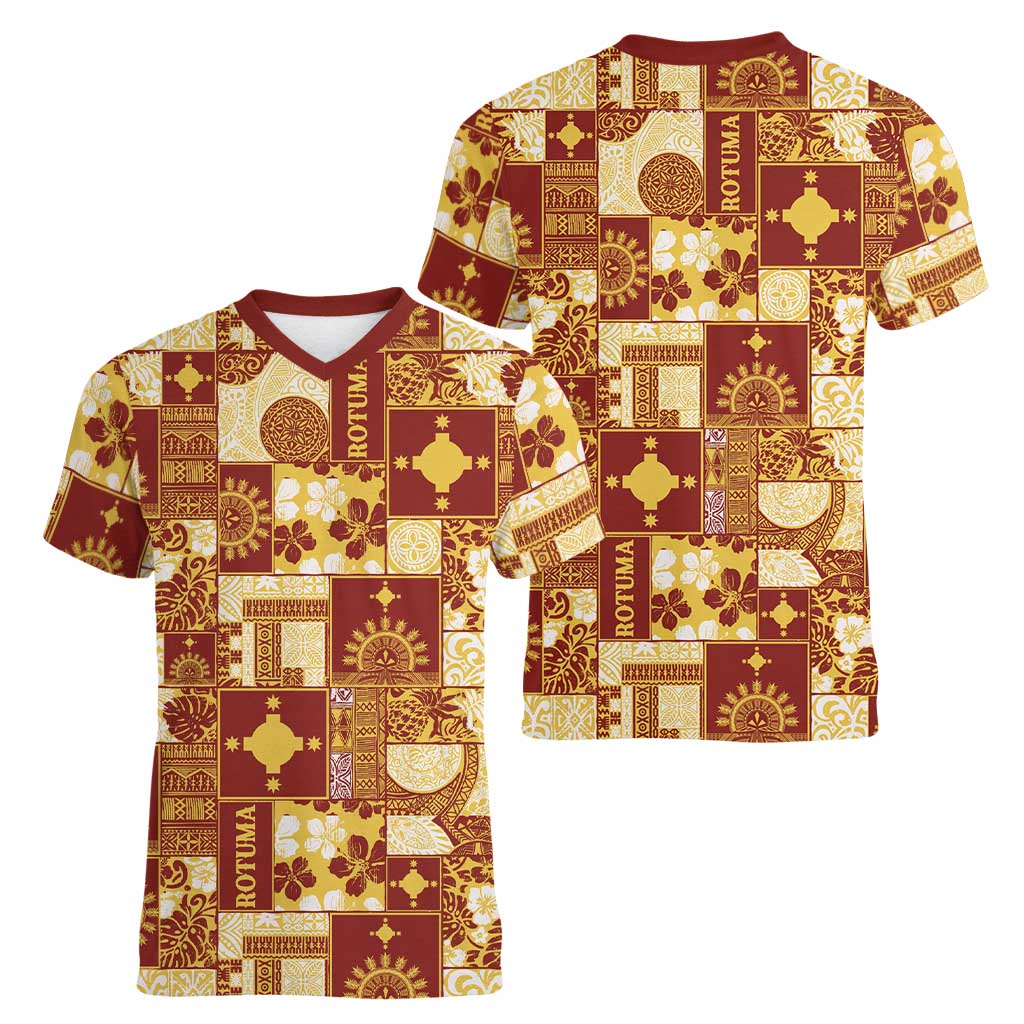 Rotuma Faiakse'ea 'e Kirisimasi Women V-Neck T-Shirt Pacific Patchwork Xmas Vibes - Polynesian Pride